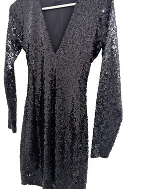 Express Black Sequin V-Neck Long Sleeve Dress